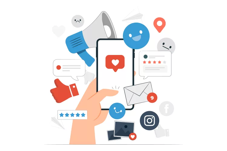 Illustration of a hand holding a smartphone with social media icons, including a megaphone, heart, thumbs up, message, and notification symbols surrounding it.