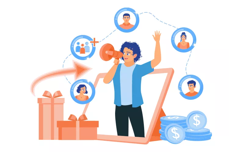 Illustration of a person using a megaphone from a laptop with gift boxes and coins nearby, surrounded by network icons showing people connections.