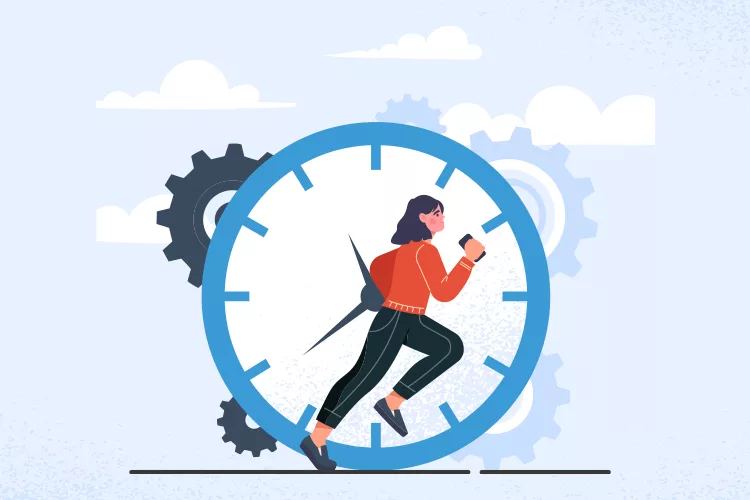 Illustration of a person running inside a large clock with gears in the background, symbolizing the concept of time management or a race against time.