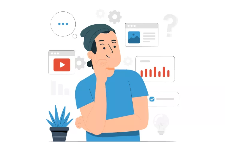 Illustration of a person in a beanie thinking, surrounded by digital icons such as graphs, a video play button, and a plant in the foreground.