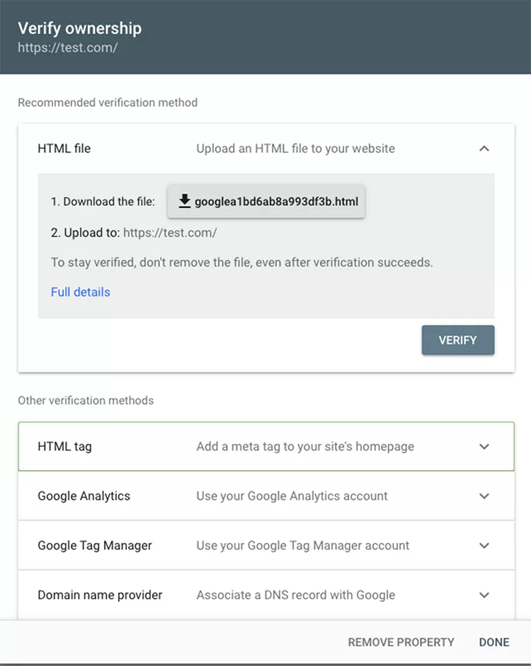 Screenshot of a website verification page showing instructions for verifying ownership via an HTML file upload. Alternate methods include HTML tag, Google Analytics, and others.