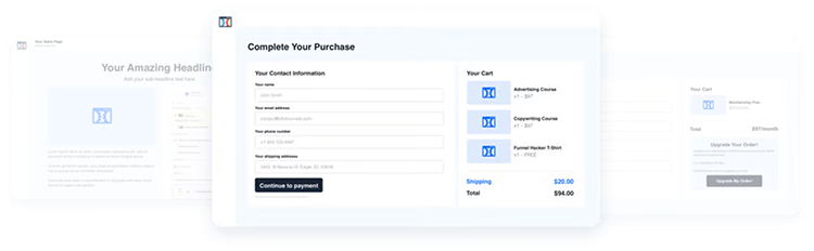 A digital checkout page displays fields for contact information and a shopping cart summary with three items. A button reads "Continue to payment," and the shipping fee is $20.00.