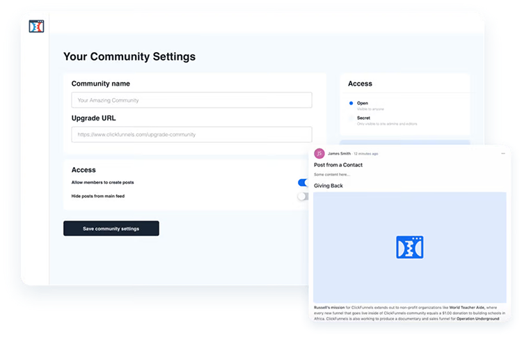 Screenshot of a community settings page with fields for community name, upgrade URL, and access options. A panel on the right shows a post titled "Giving Back" by James Smith.