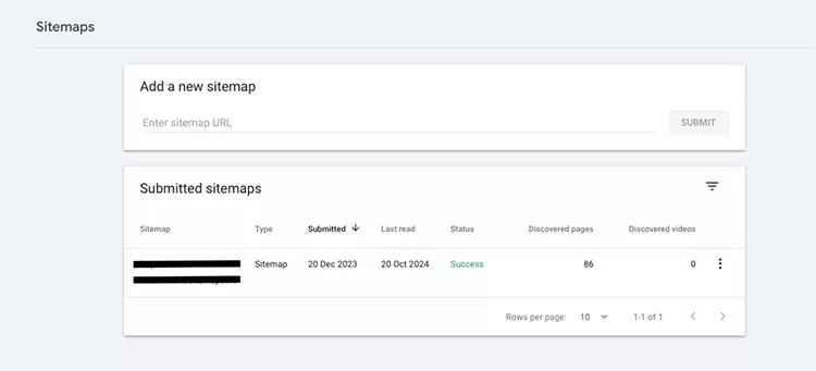 Screenshot of a sitemap submission interface showing one submitted sitemap with a status of "Success," submitted on 20 Dec 2023, last read on 20 Oct 2024, with 86 discovered pages and 0 videos.