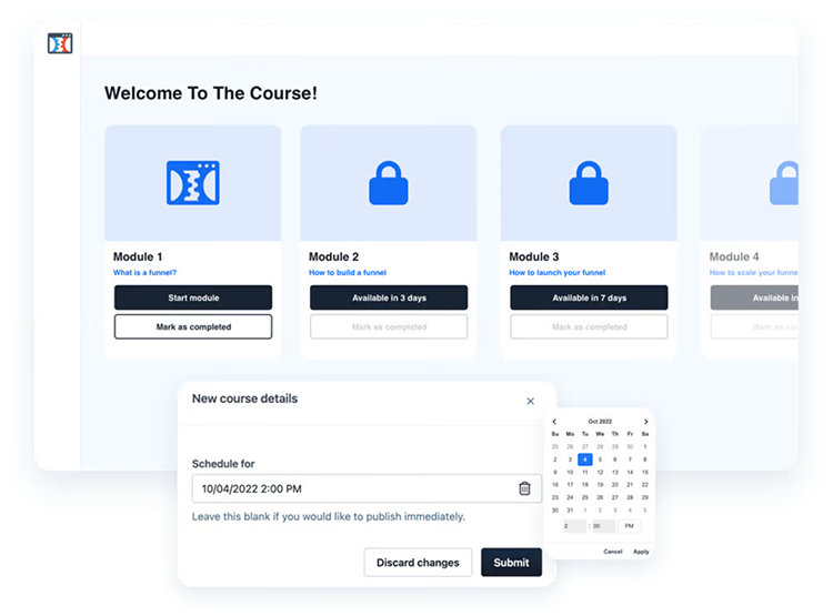 Course interface with modules listed. Module 1 is available to start. A pop-up window shows new course details with a scheduling option and a calendar.