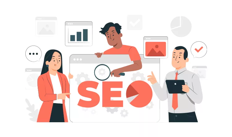 Illustration of three people discussing SEO with charts, graphs, and icons.