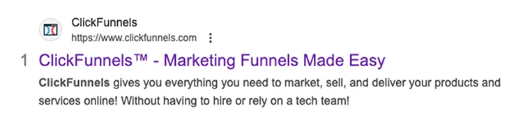 A screenshot of a search result for ClickFunnels with the headline "Marketing Funnels Made Easy" and a description about marketing and selling products without a tech team.