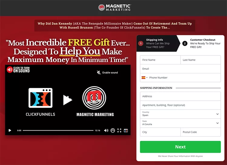 Ad for Magnetic Marketing and ClickFunnels featuring a sign-up form on the right and promotional text about a "most incredible free gift" on the left.