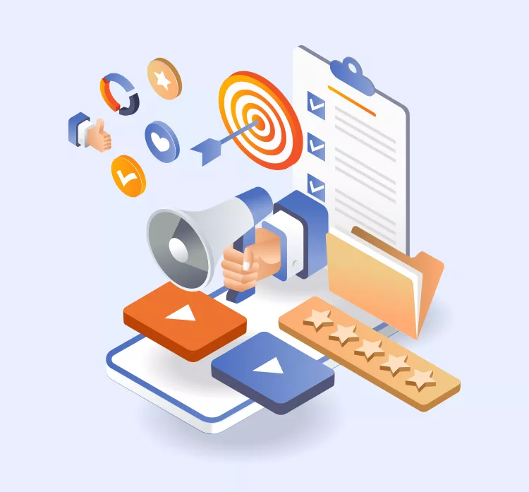 Isometric illustration of digital marketing concepts, including a megaphone, target, checklist, thumbs up, play button, and star ratings, symbolizing strategies and engagement.