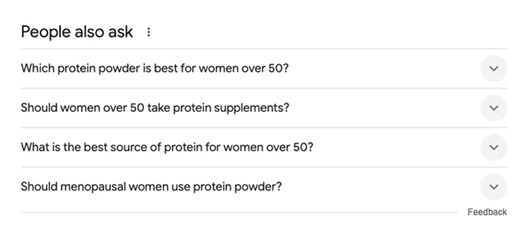 Screenshot of "People also ask" section with questions about protein for women over 50: which is best, should they take it, best source, and its use for menopausal women.