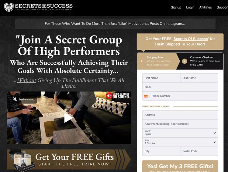 Screenshot of a "Secrets of Success" landing page offering a free gift with signup. Form fields for name and phone number are visible, and a testimonial video is on the left.