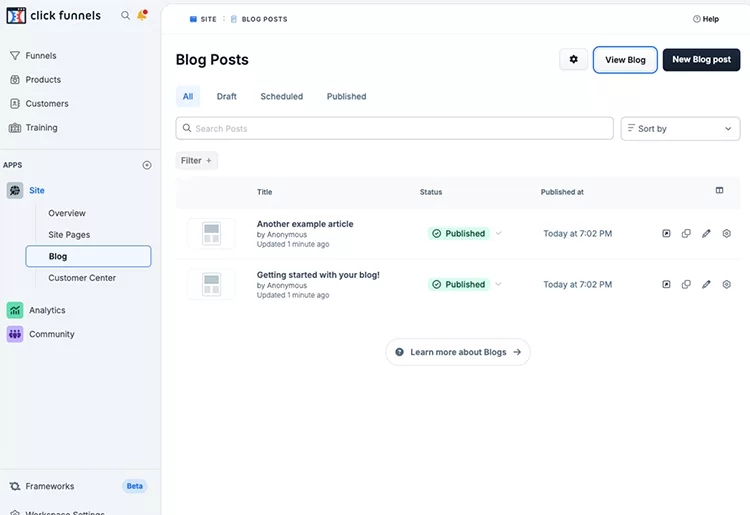 A dashboard view of a blogging platform showing two published blog posts titled "Another example article" and "Getting started with your blog!" with options to view or create a new blog post.