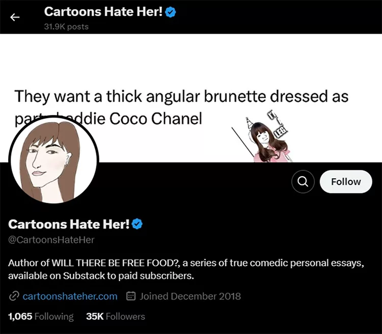 Social media profile titled "Cartoons Hate Her!" with a drawing of a brunette woman. The profile mentions comedic essays on Substack and has 35K followers.