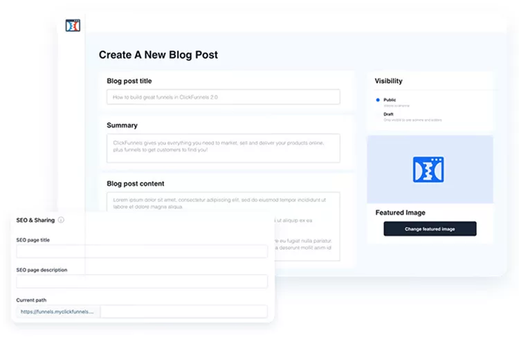 Screenshot of a "Create A New Blog Post" interface with fields for title, summary, blog content, SEO details, and visibility options. Featured Image section on the right.