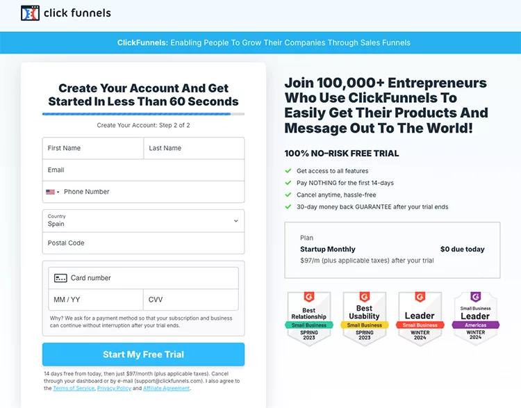 Screenshot of a ClickFunnels signup page offering a 14-day free trial with form fields for email, name, password, country, and credit card details. On the right, benefits and pricing are listed.