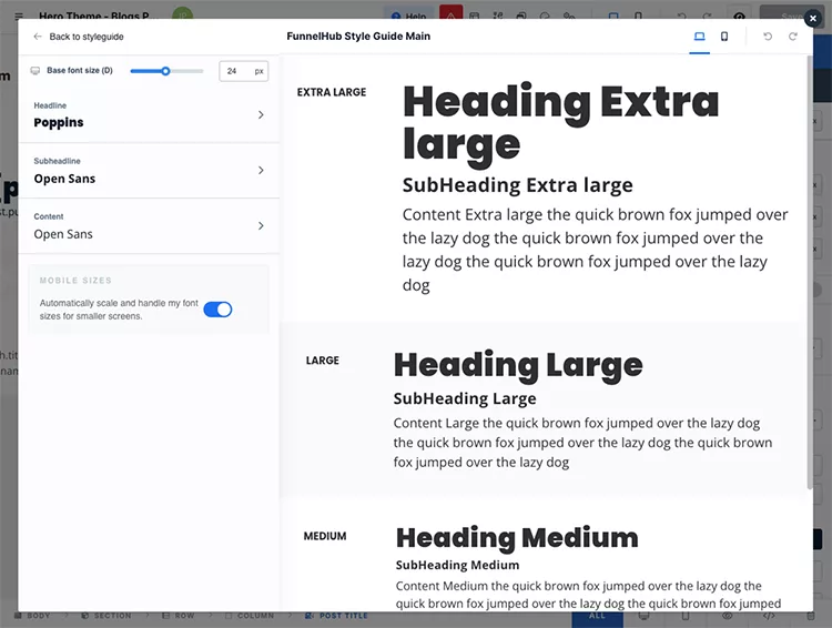 User interface displaying a style guide with various text sizes and fonts, featuring repeated text for headings and subheadings in Poppins and Open Sans.