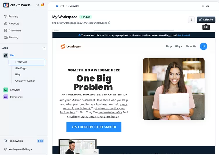 A webpage screenshot from ClickFunnels, displaying a workspace with a section titled "One Big Problem," featuring a woman smiling and holding a laptop.