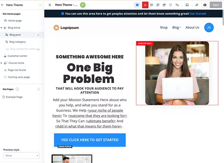 Website interface showing a blog page with a woman holding a laptop, next to text about attracting audience attention, including a "Click Here to Get Started" button.