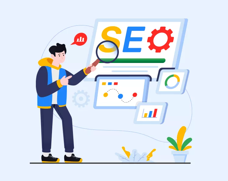 Illustration of a person with a magnifying glass pointing at "SEO" on a screen, surrounded by charts, graphs, and gears.