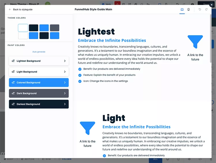 Style guide interface displaying color options, font styles, and text examples. Features tabs for theme colors and text sections titled "Lightest" and "Light" with descriptions.