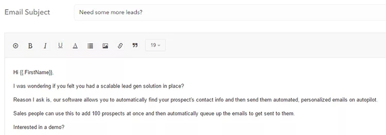 Screenshot of an email template asking if a scalable lead generation solution is needed. It highlights automatic contact info finding and email sending capabilities, and invites interest in a demo.