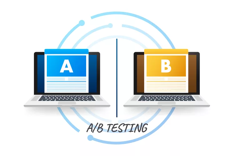 Illustration of two laptops side by side, labeled "A" and "B," with text "A/B Testing" below, indicating a comparison or test between two versions.