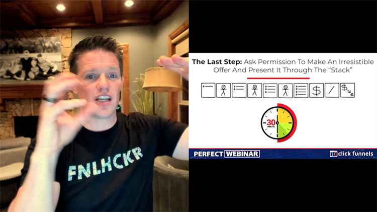 Person presenting a slide titled "The Last Step: Ask Permission to Make an Irresistible Offer and Present it Through The 'Stack.'" Slide includes icons and a 30-minute timer.