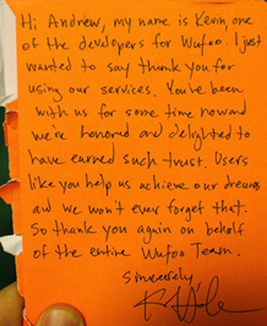 Handwritten note on orange paper expressing gratitude to someone named Andrew for using Wufoo services, signed by a developer named Kevin.