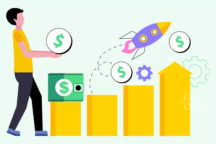 Illustration of a person with a coin and wallet, next to increasing bar graphs with dollar symbols, gears, and a rocket, symbolizing financial growth and success.