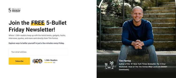 Promotional image for the 5-Bullet Friday newsletter, featuring a subscription form on the left and a seated person smiling on the right with details about their work and content.