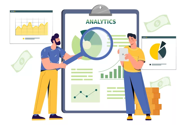 Two individuals analyze data with charts and graphs on a clipboard labeled "Analytics." Coins and dollar bills are visible in the background.