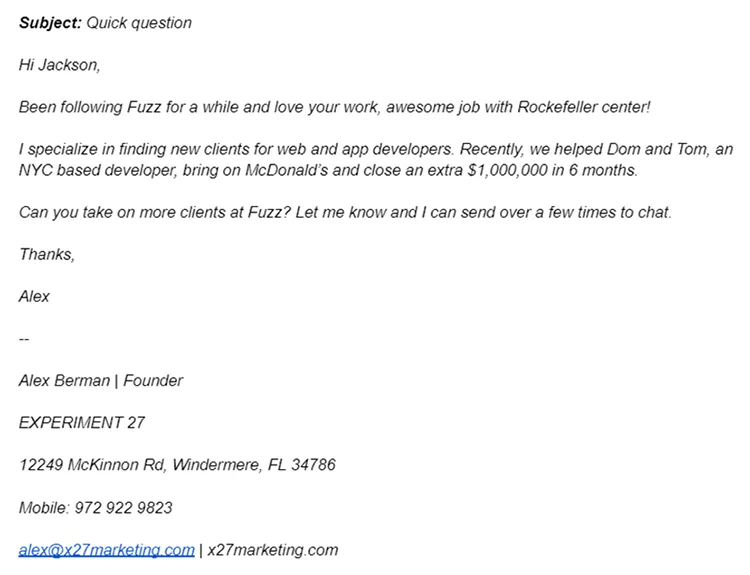 Email from Alex Berman offering to discuss getting more clients for Fuzz and suggesting a meeting. Contact details included at the end.