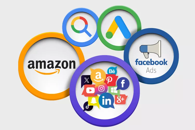 Illustration of five digital advertising logos: Amazon, Google Ads, Google Search, Facebook Ads, and a circle with various social media icons.