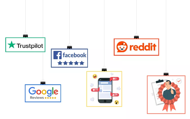 Hanging signs display logos of Trustpilot, Facebook, Reddit, and Google Reviews, along with a stylized social media interaction graphic and a figure with an award ribbon.