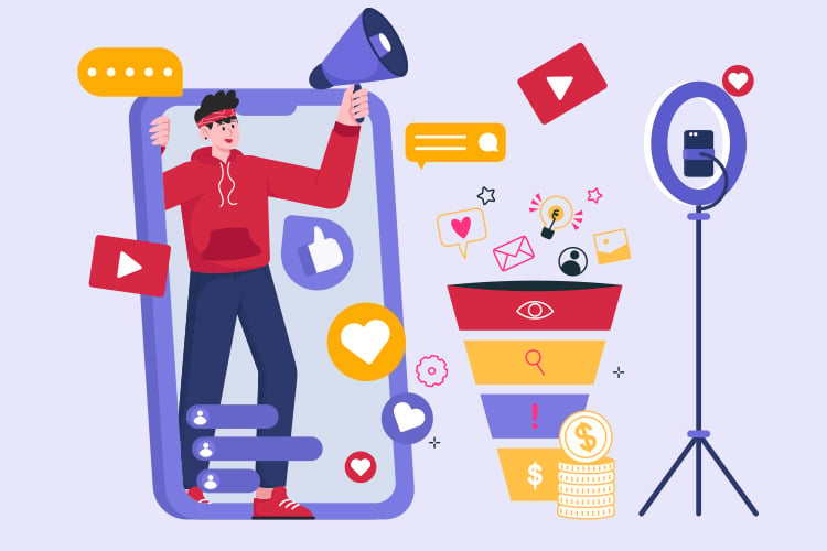 Illustration of a person holding a megaphone, emerging from a smartphone surrounded by social media icons, a marketing funnel, and a ring light with a smartphone.