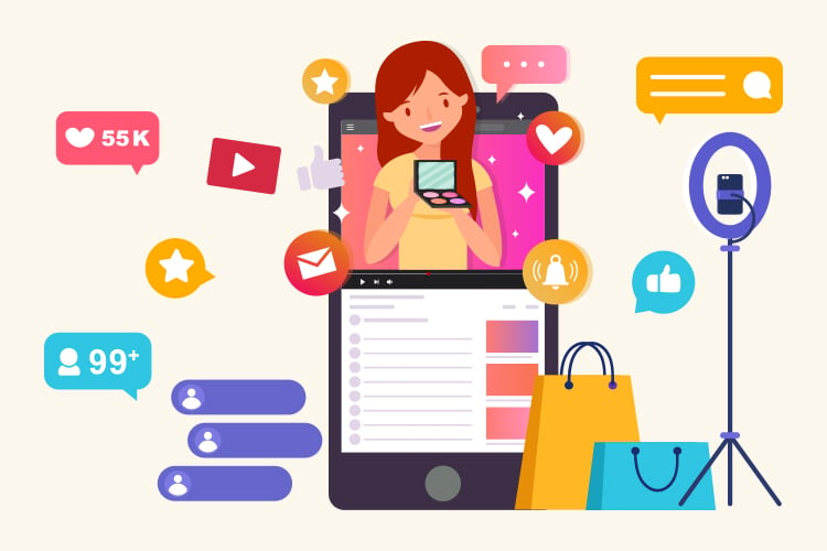 Illustration of a woman holding makeup, standing in a smartphone with social media icons, including likes, comments, and notifications, surrounded by shopping bags and a ring light setup.