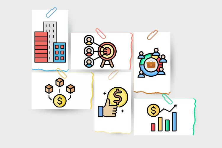 Collage of icons: buildings, target with people, group with briefcase, boxes with dollar sign, hand with coin, and growth chart.