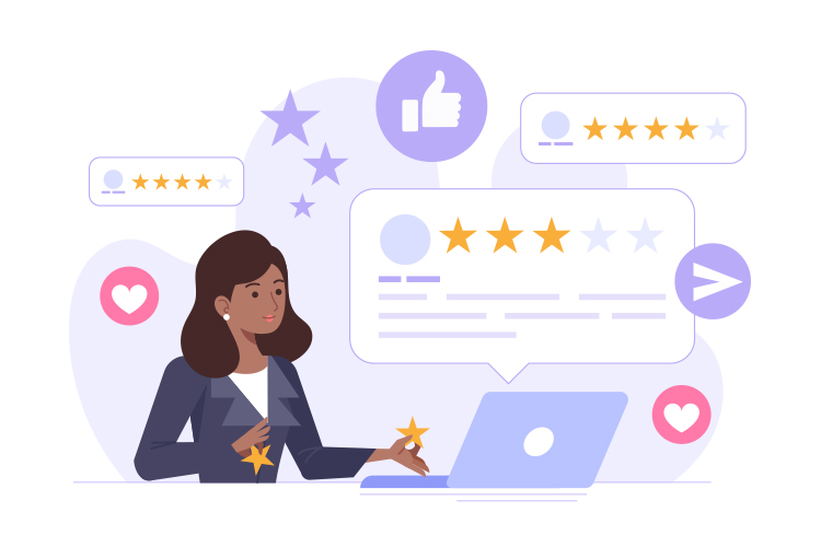 Illustration of a woman at a laptop, surrounded by star ratings, a thumbs-up, and heart icons, depicting online reviews and feedback.