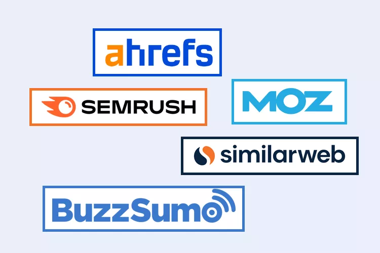 Logos of five SEO and digital marketing tools: Ahrefs, Semrush, Moz, Similarweb, and BuzzSumo, on a light background.