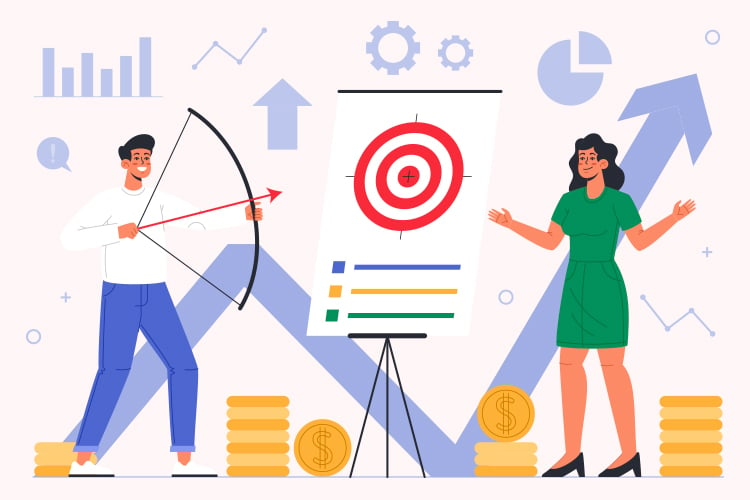 Illustration of a man aiming a bow at a target on a chart. A woman stands nearby. Graphs, coins, gears, and arrows symbolize financial and business growth in the background.