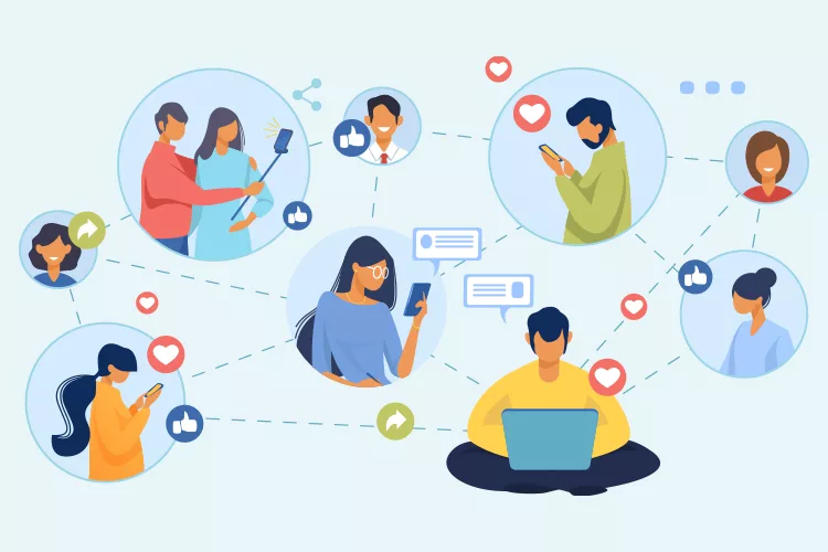 Illustration of people using digital devices, with icons of likes, comments, and messages connecting them, illustrating social media interaction and communication.