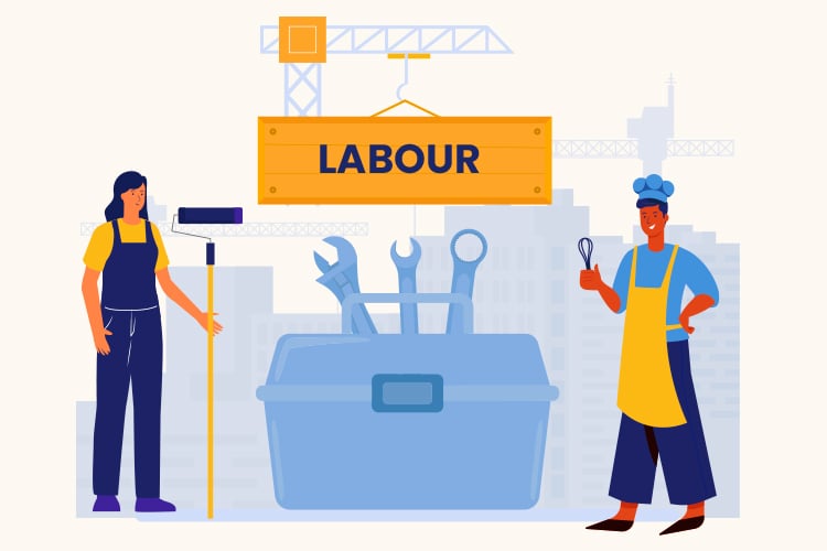 Illustration of two people in work attire next to a toolbox with wrenches. A "Labour" sign hangs above, with construction cranes in the background.