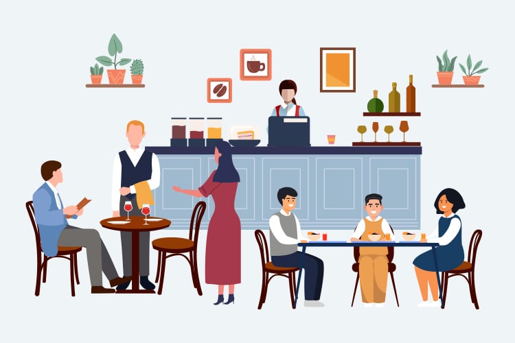 Illustration of a café interior with people seated at tables, a server taking an order, and a barista behind the counter. Plants and framed art decorate the walls.