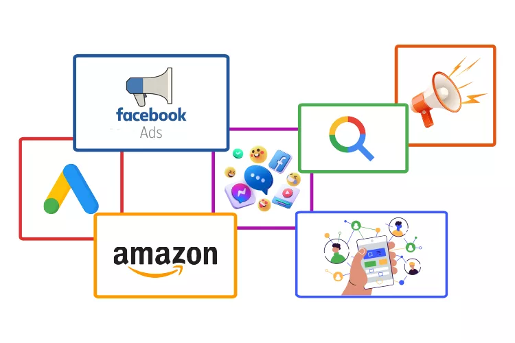 Collage of digital marketing icons including Facebook Ads, Google Ads, Amazon, social media, search, and email marketing.