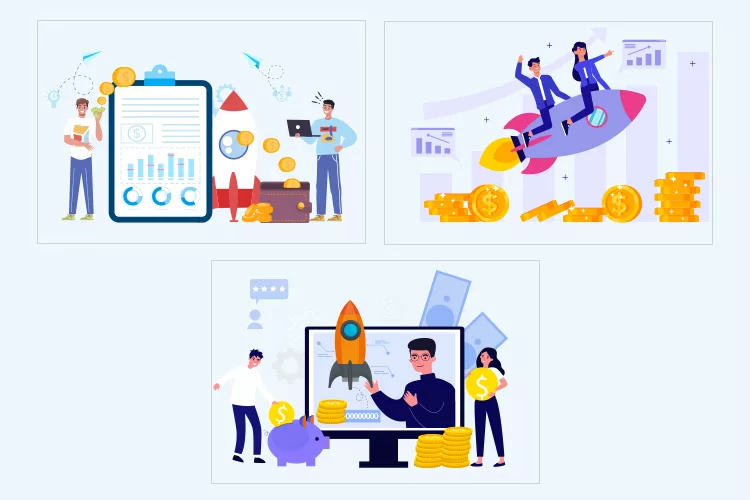 Three illustrations depict business growth: a clipboard with charts, people riding a rocket, and a team working with financial symbols and a computer.