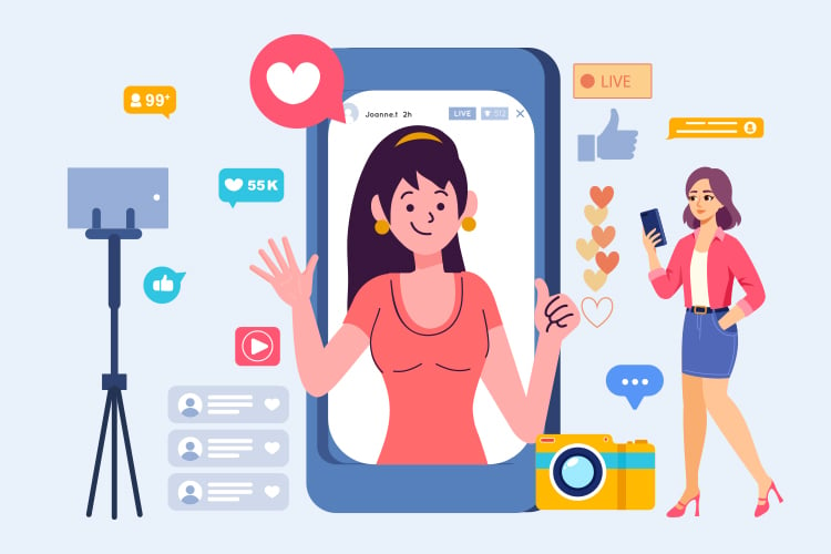 Illustration of a woman live streaming on a smartphone screen, surrounded by social media icons. Another woman stands nearby, holding a phone.