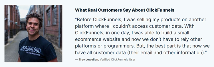 A person stands outside next to brick buildings. Text about ClickFunnels describes how it helped a customer build an ecommerce website and access customer data.