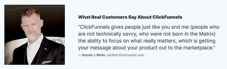 Man with a beard stands next to a testimonial about ClickFunnels highlighting its user-friendliness for promoting products.