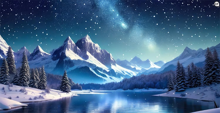 Snow-covered mountains and pine trees surround a tranquil lake under a starlit sky.