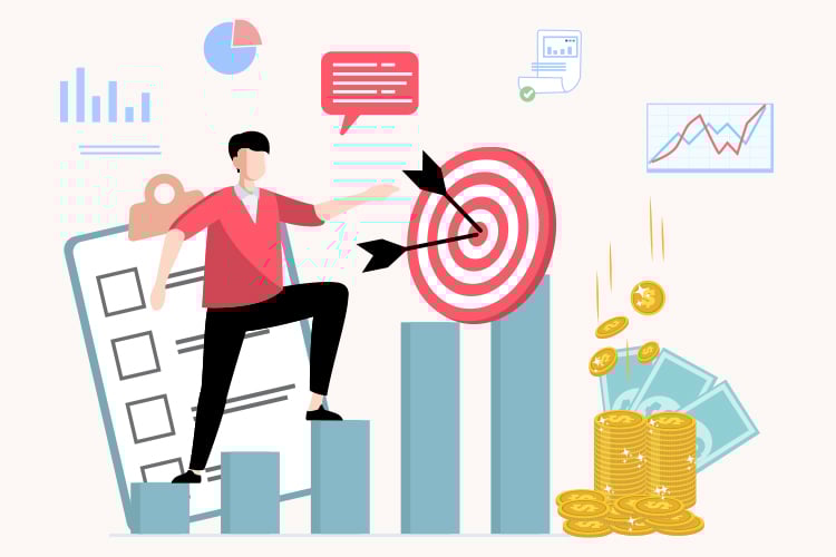 Illustration of a person standing on a bar chart with clipboard, aiming at a target with arrows. Money and graphs depicted, symbolizing financial goals and analysis.